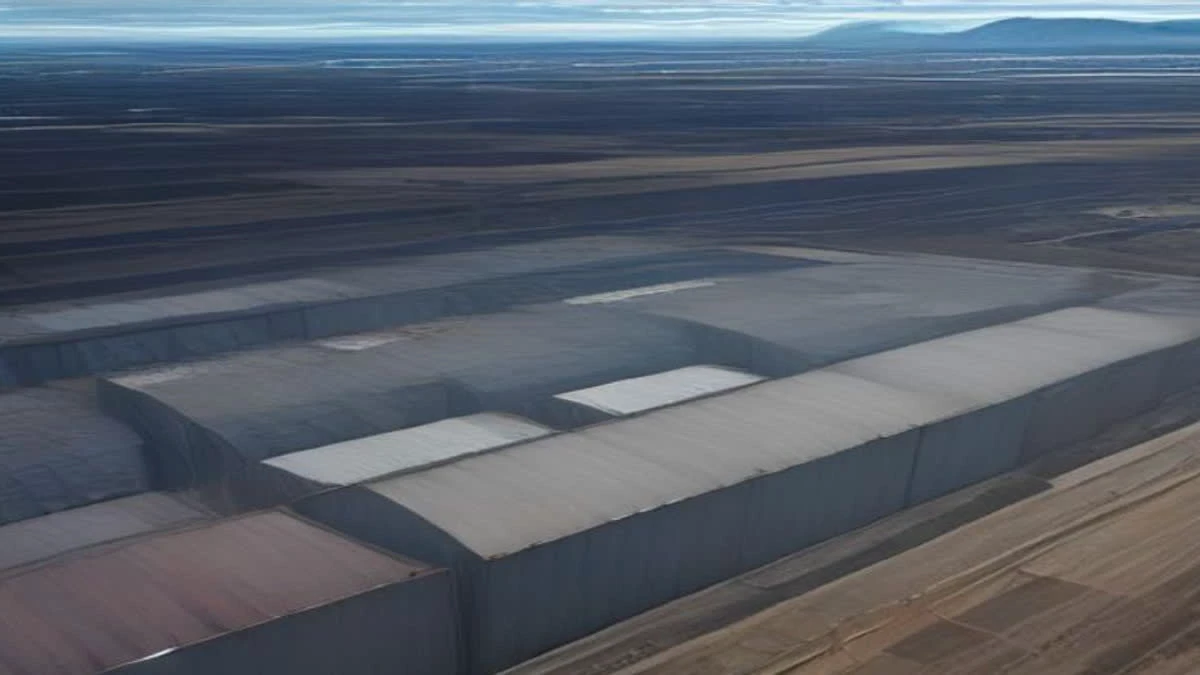 Containerised mining buildings on an industrial site photographed from above in overcast daylight